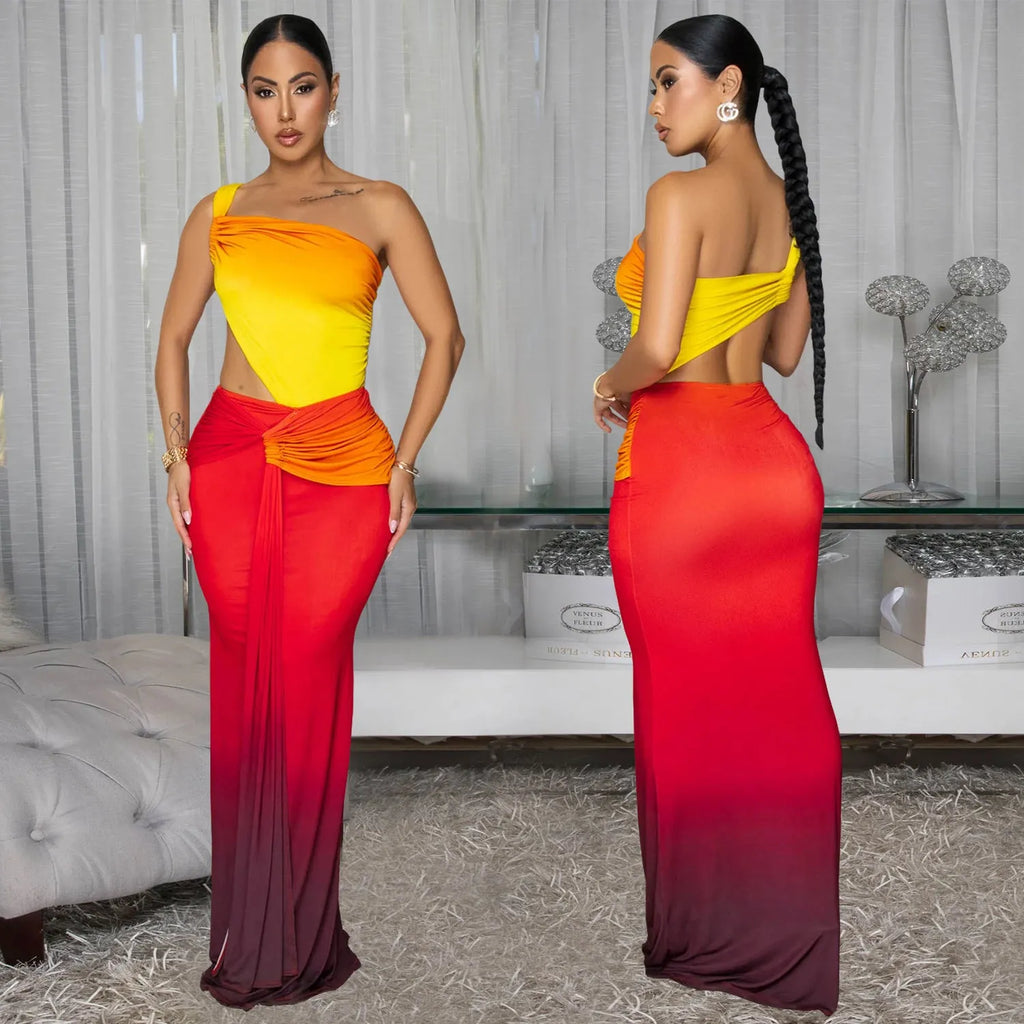 Women's gradient colour cross-shoulder sleeveless dress with high waist and long one-step skirt