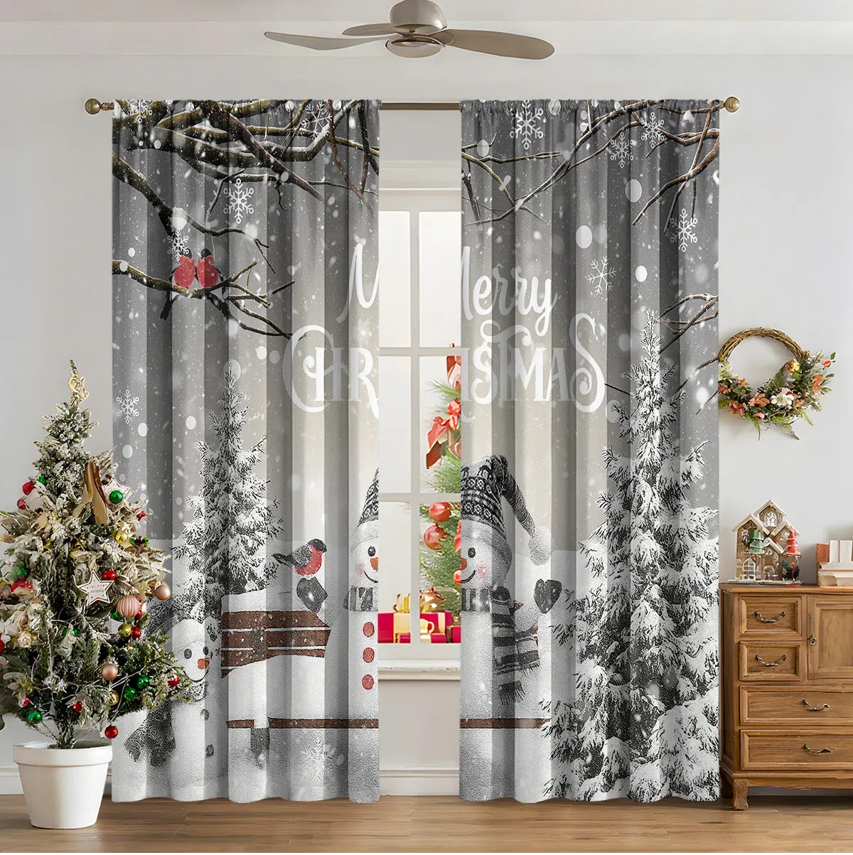 3D digitally printed Christmas curtains in polyester with festive patterns, showing high sunshade function
