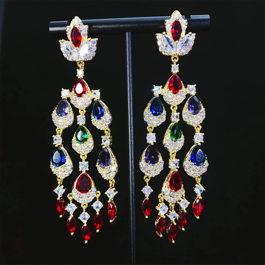 Water drop tassel long high profile earrings for women in natural flower leaf style with zircon and alloy