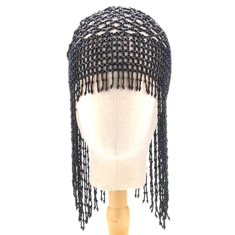 Silver or black alloy belly dance headpiece with decorative tile and beaded tassels