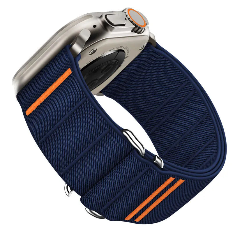 Elastic nylon Apple Watch band with stainless steel buckle shown in Army Green colour.
