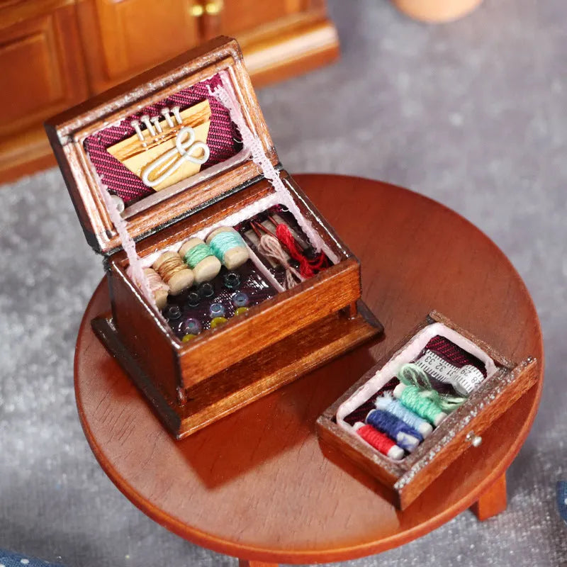 European style birch wood miniature sewing kit ornament measuring 2.2cm