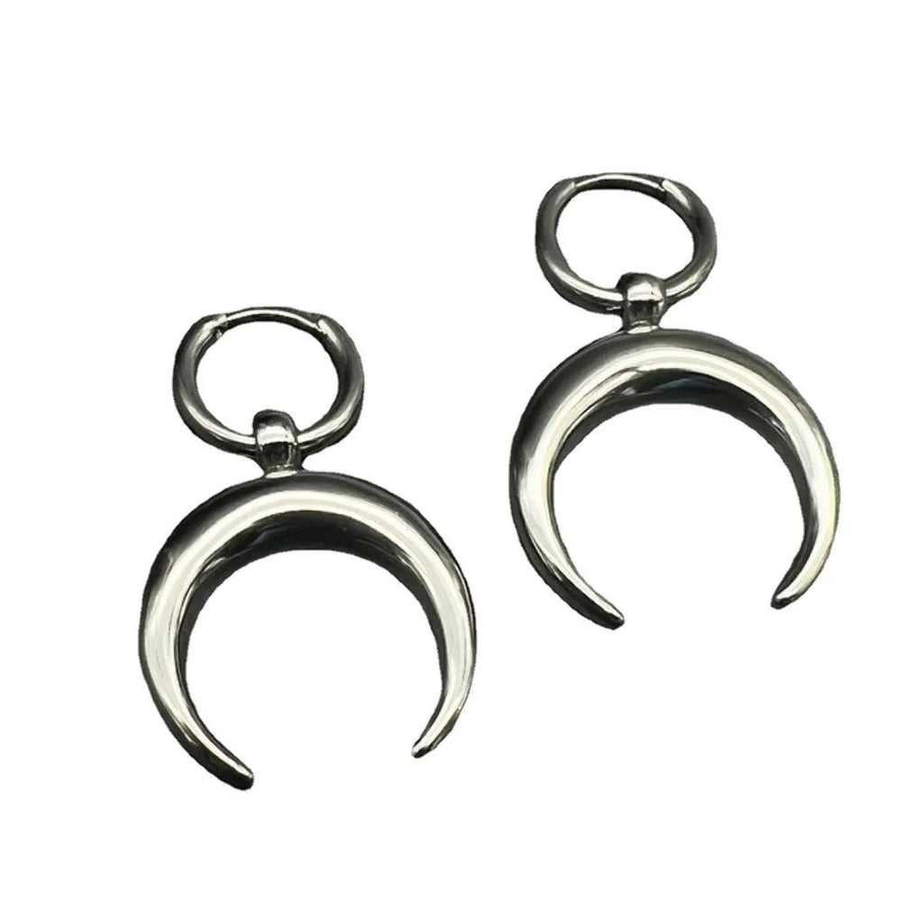 Silver geometric hoop earrings with vintage moon design and punk style