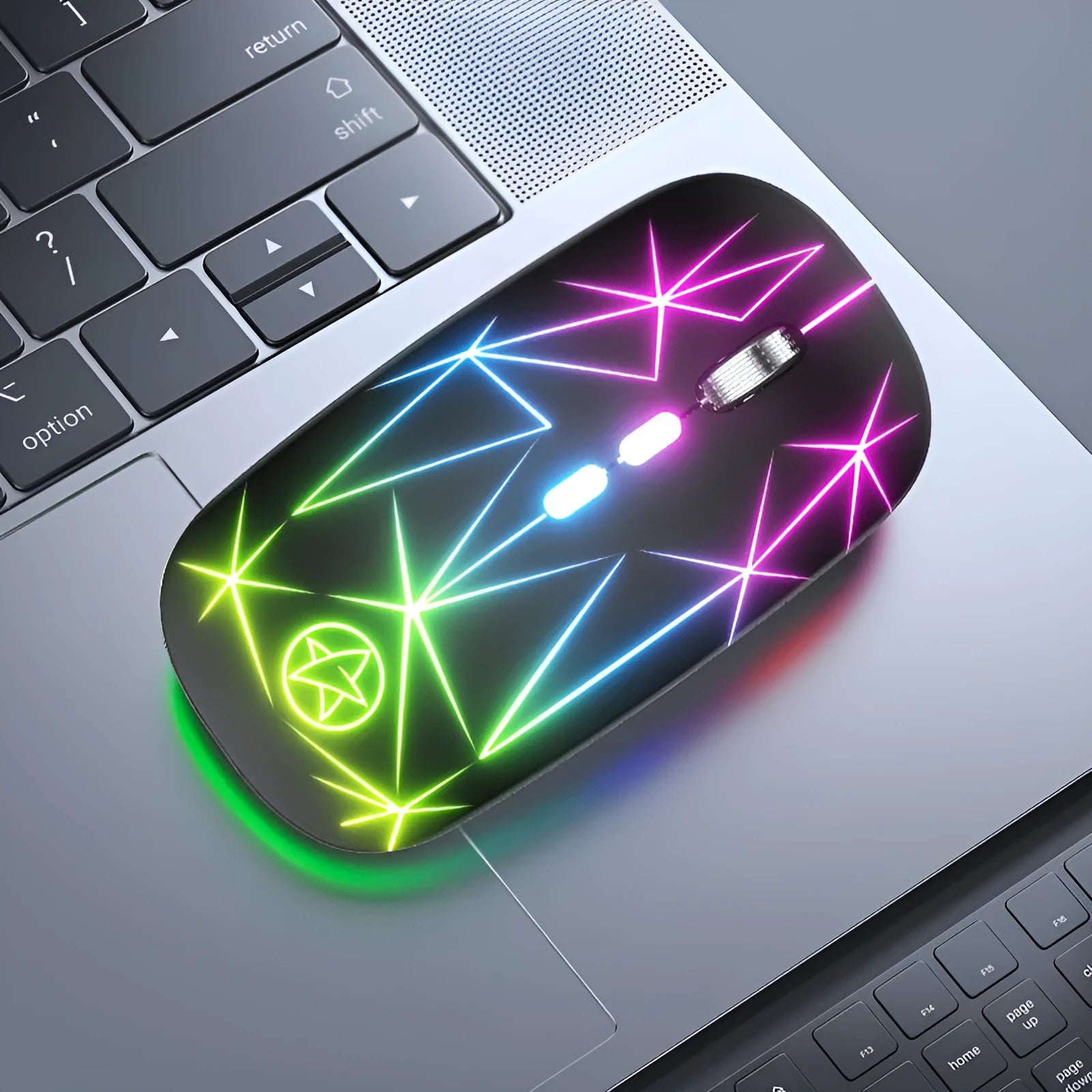 Wireless gaming mouse with RGB lighting and metal scroll wheel on black surface