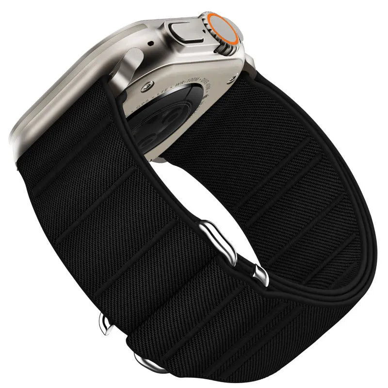 Elastic nylon Apple Watch band with stainless steel buckle shown in Army Green colour.