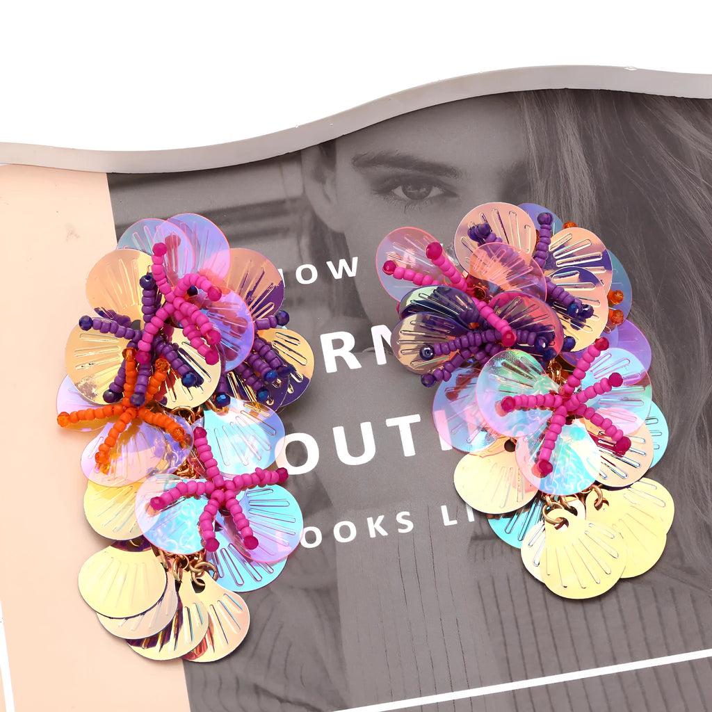Handmade exaggerated dopamine string bead flower earrings with mixed material floral designs in colourful option