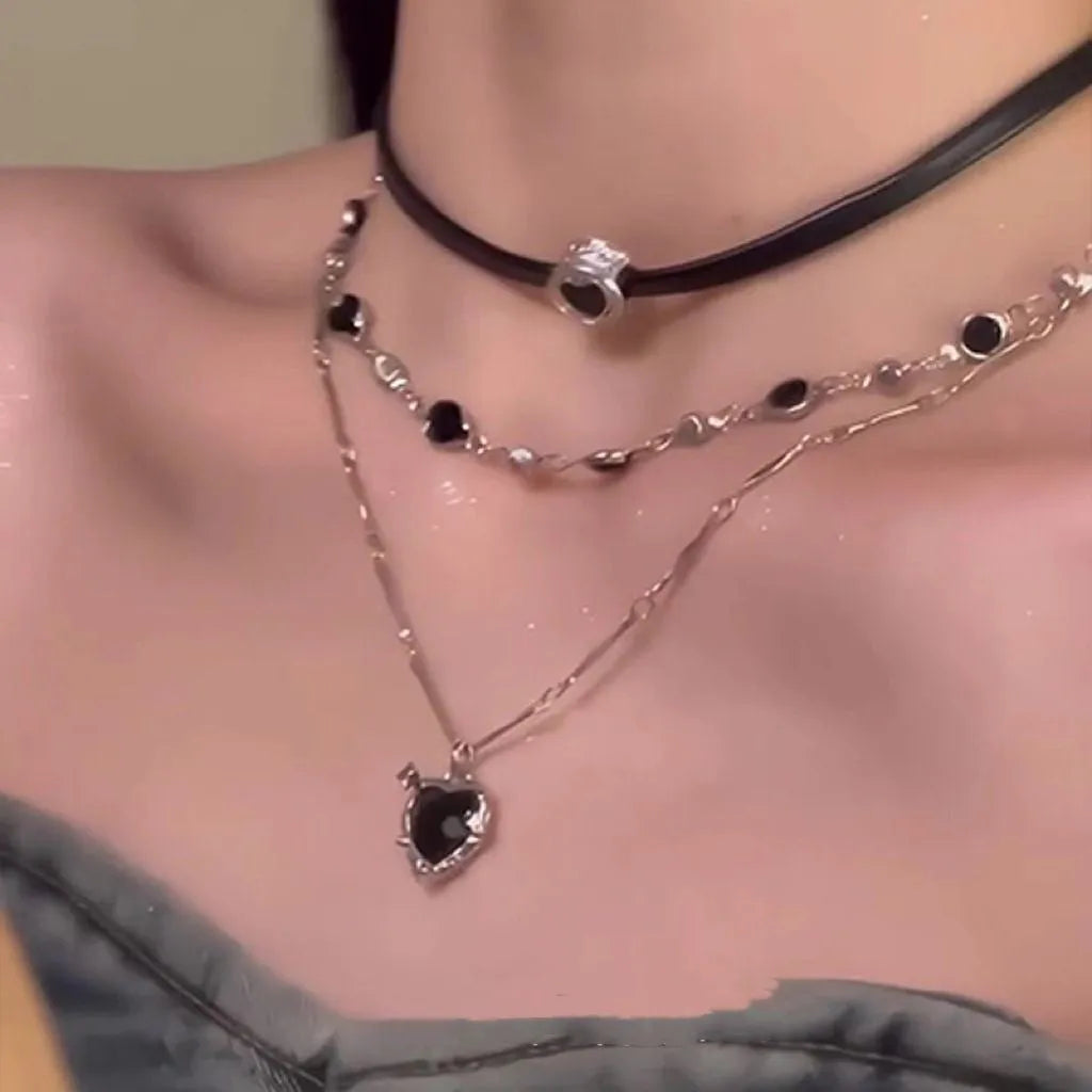 Women's multi-layer twin heart necklace with alloy and artificial crystal pendants on clavicle chain