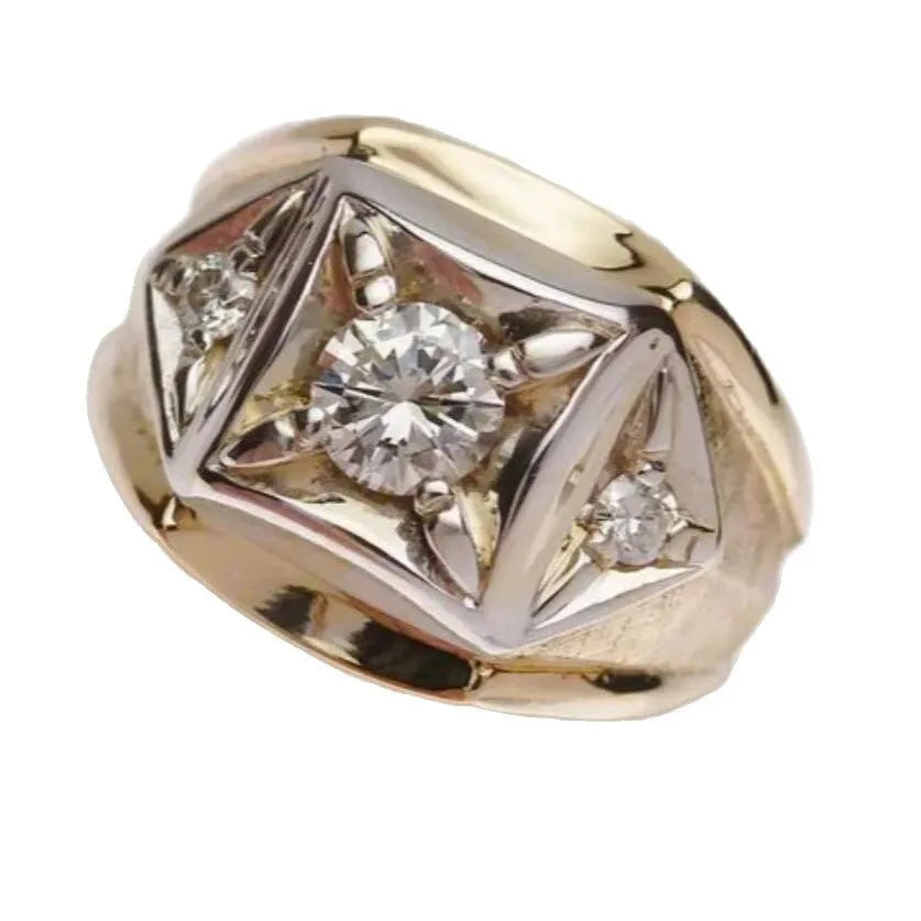 Gold geometric copper couple ring with hollow wide face design and chamfered square pattern.