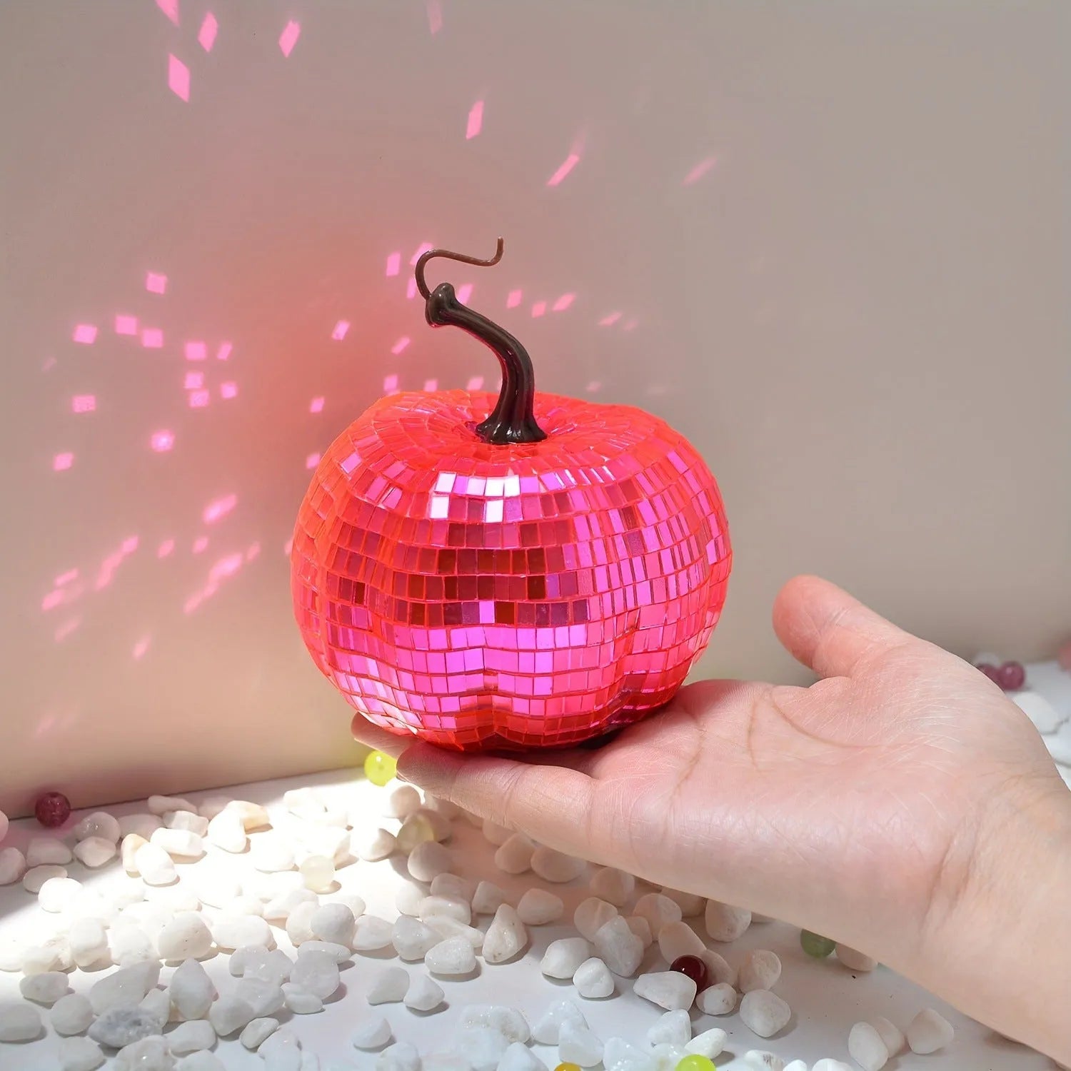 Glass pumpkin mirror ornament in Chinese style with embroidered details, available in five sizes for Halloween and Christmas decor.