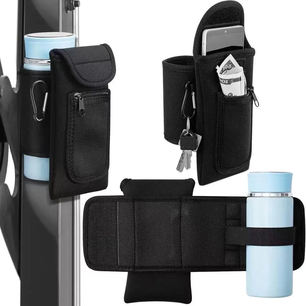 Cloth fitness cup sleeve for large bottles with magnetic or climbing carabiner fastening in various colours