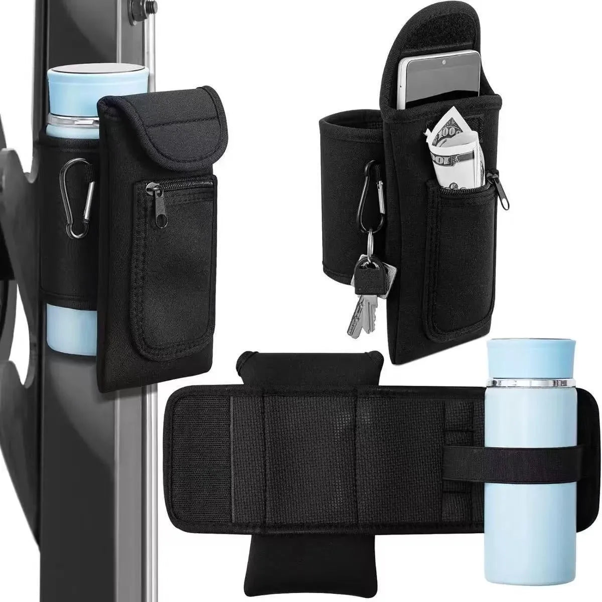 Cloth fitness cup sleeve for large bottles with magnetic or climbing carabiner fastening in various colours