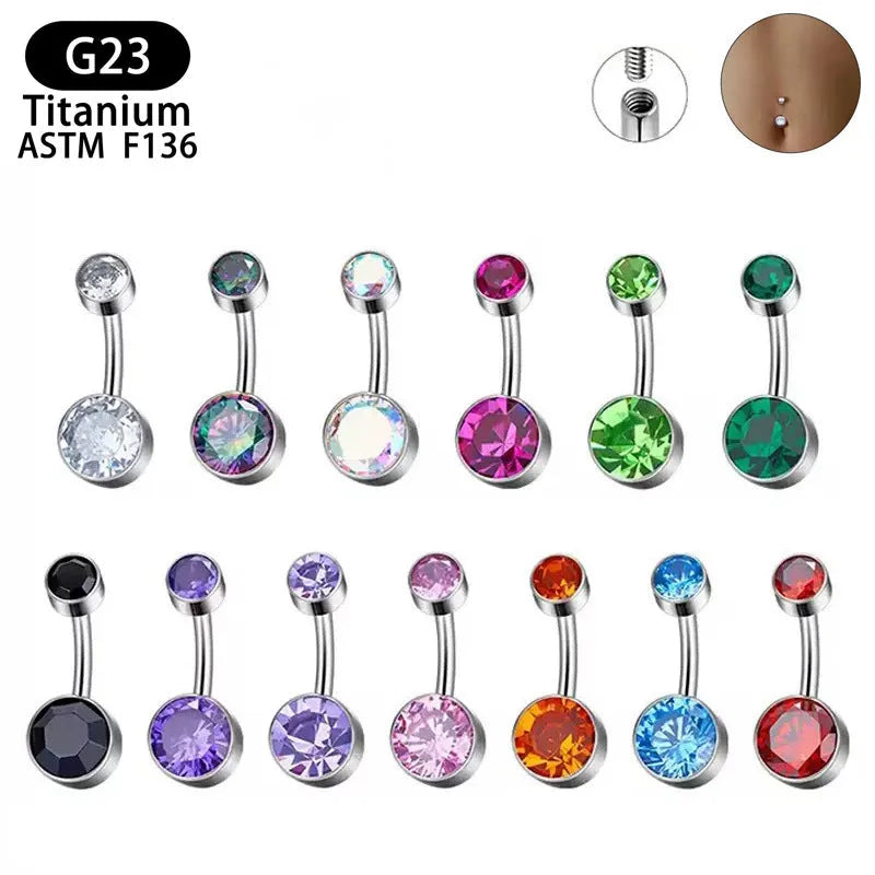 Titanium alloy double-headed zircon navel stud showing colour options and 1.6mm thickness