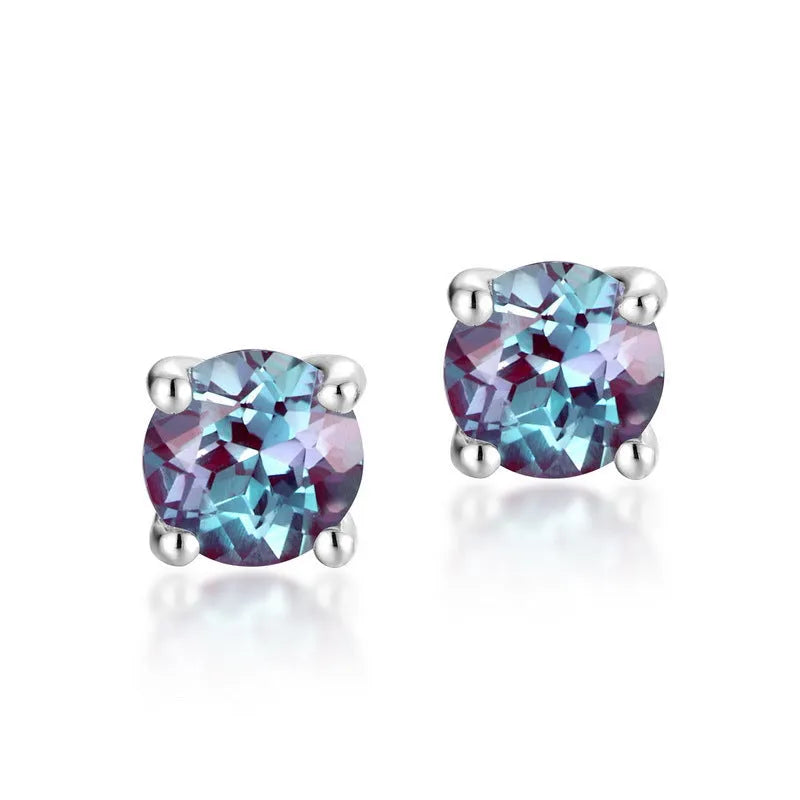 Silver geometric ear studs with round design in cultivate Alexandrite colour for women