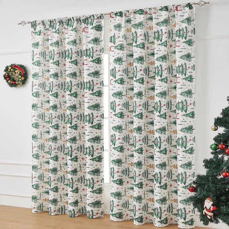 Printed polyester Christmas curtain with red plaid design showing semi-sunshade light filtering