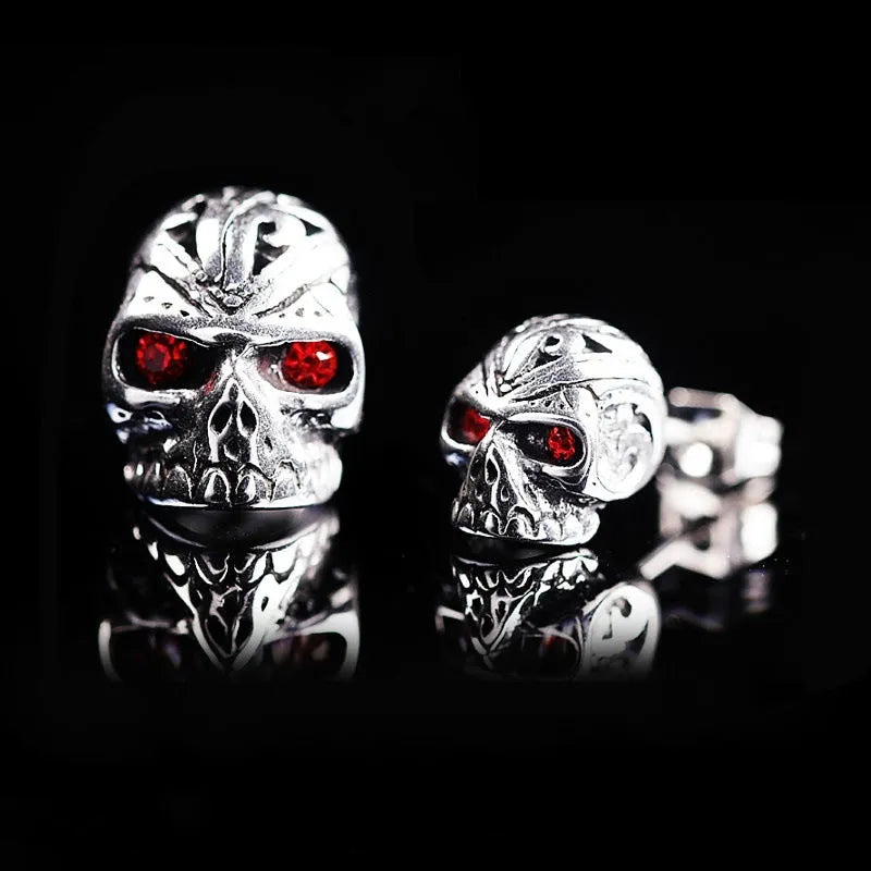 Red eye ghost skull stud earrings with alloy construction and electroplated finish