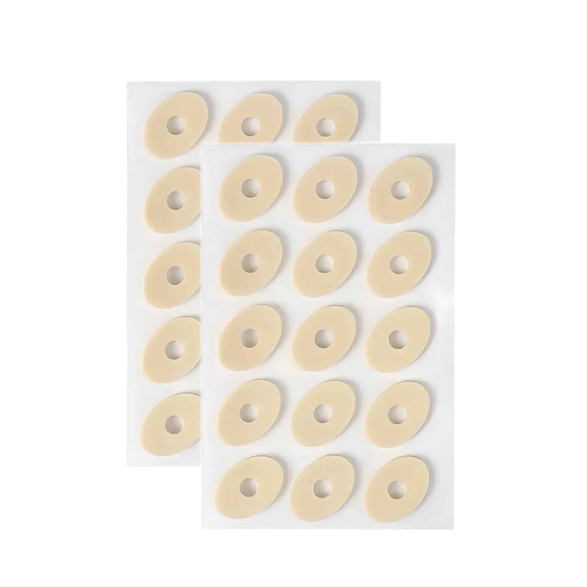 Assortment of clear gel corn protector pads in oval, U-shaped, and circular shapes on a white background.