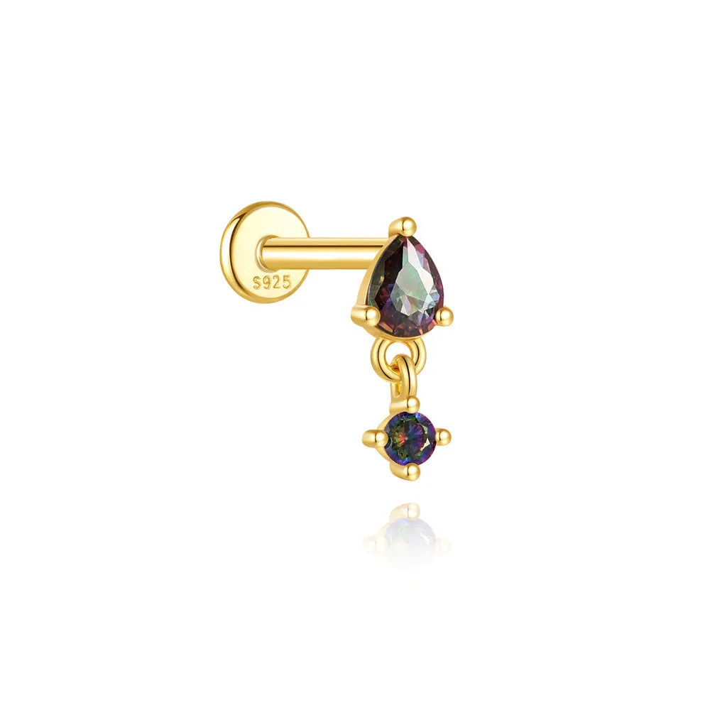 S925 sterling silver flat head thread piercing earrings with rainbow stone geometric design