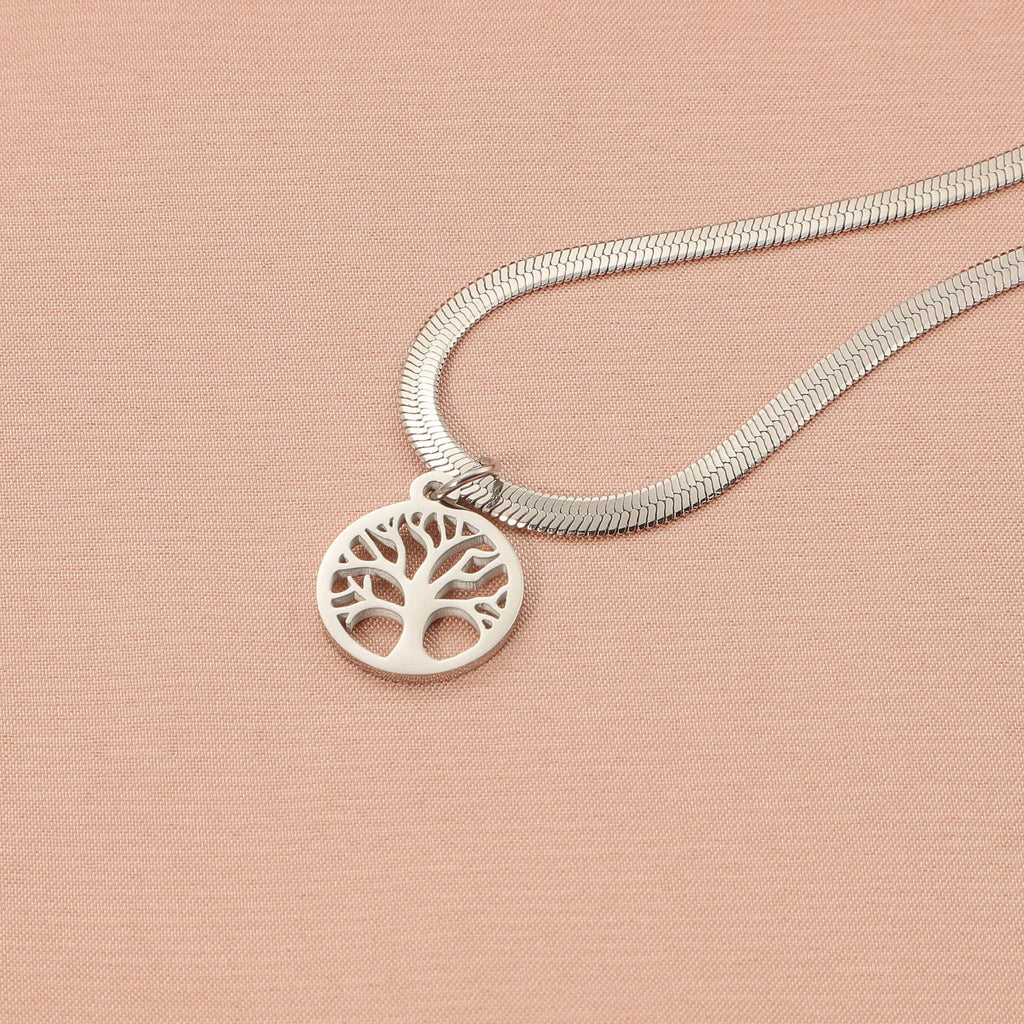 Stainless steel necklace with U-shaped tree pendant on adjustable snake bone chain in gold colour