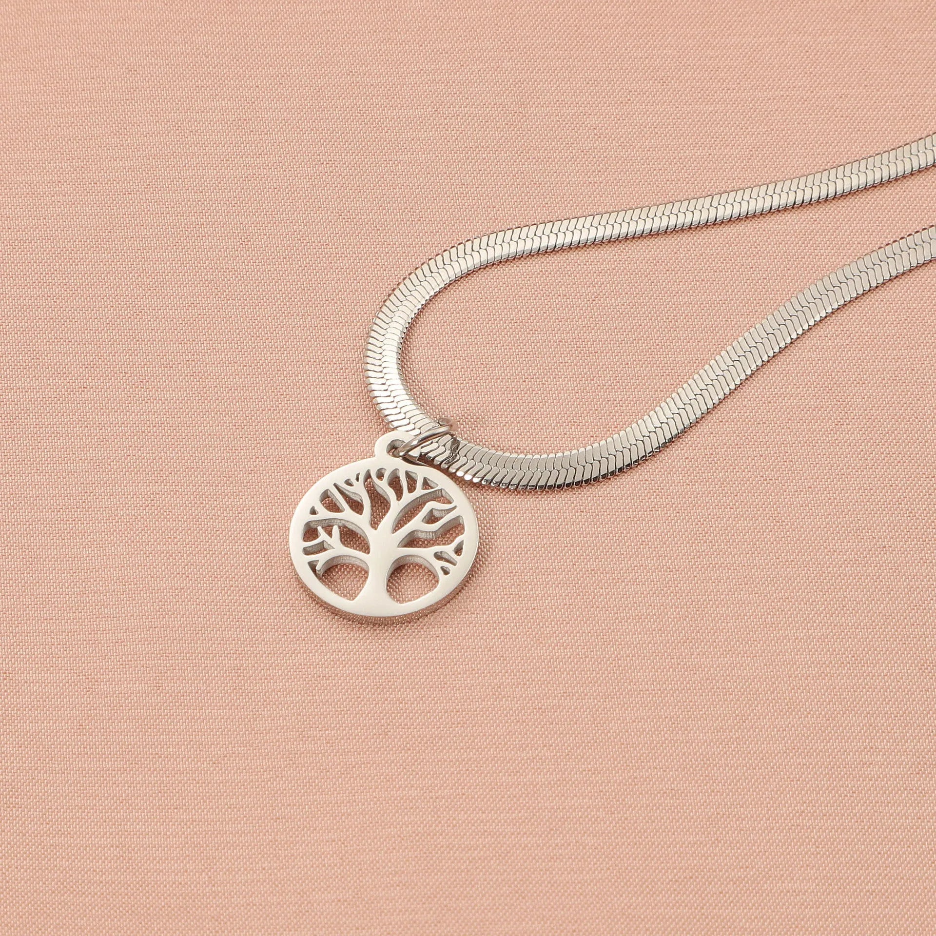 Stainless steel necklace with U-shaped tree pendant on adjustable snake bone chain in gold colour