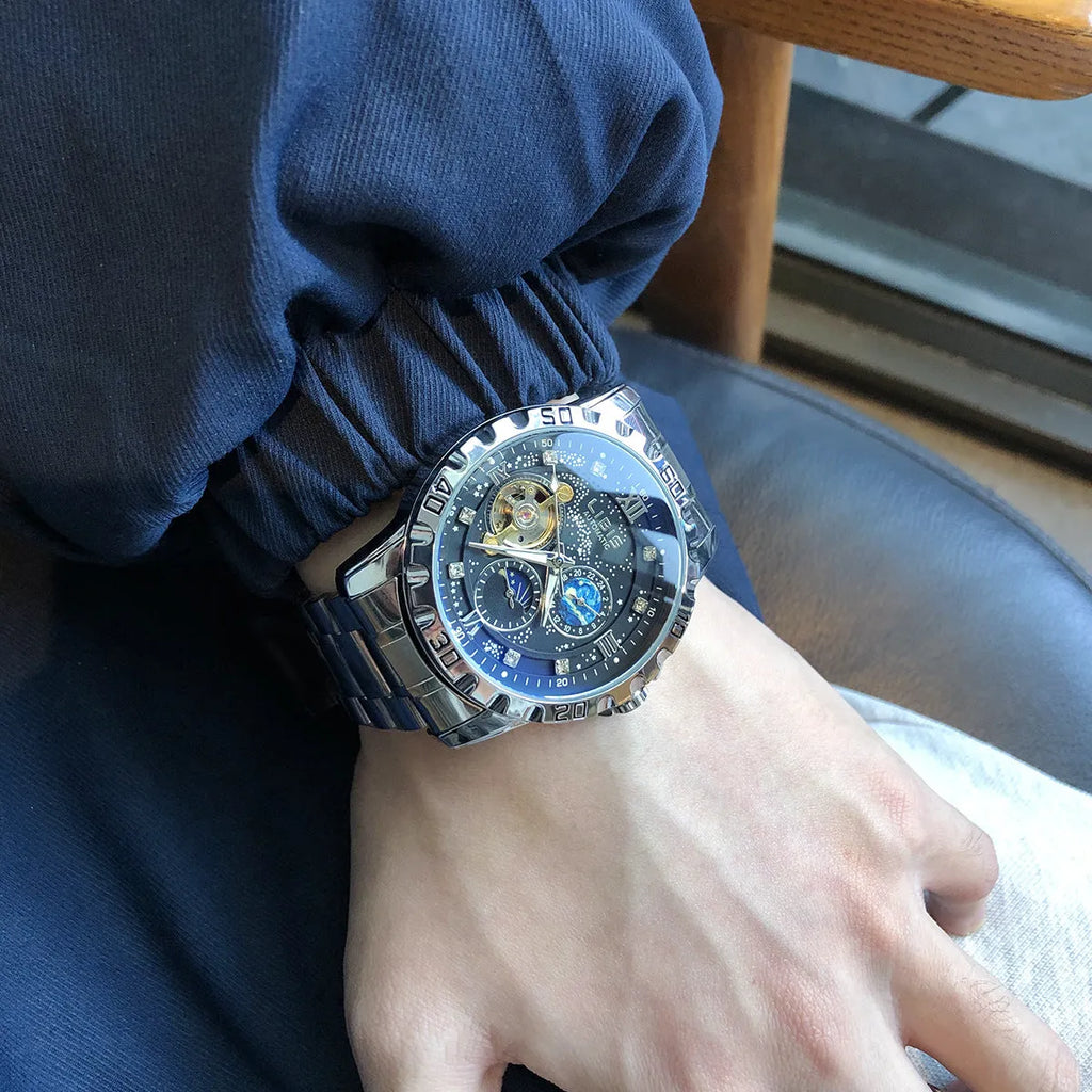 Men's silver automatic mechanical watch with black starry dial and steel bracelet