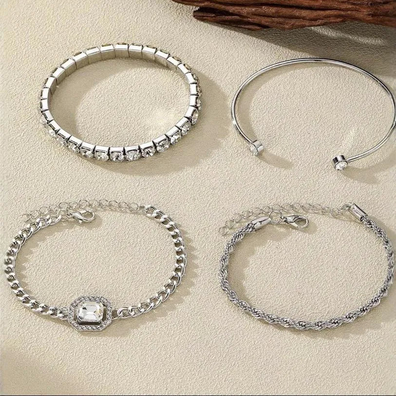 Women's retro geometric alloy jewelry set with square diamond chain design in gold and silver