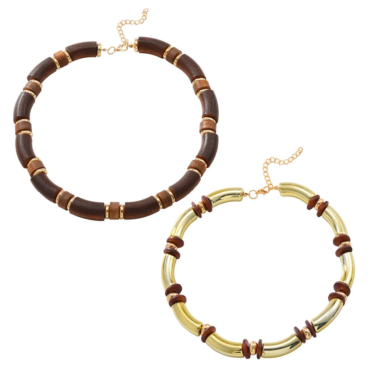 Women's multi-layer wooden necklace and bracelet set with alloy pendants and regular chain
