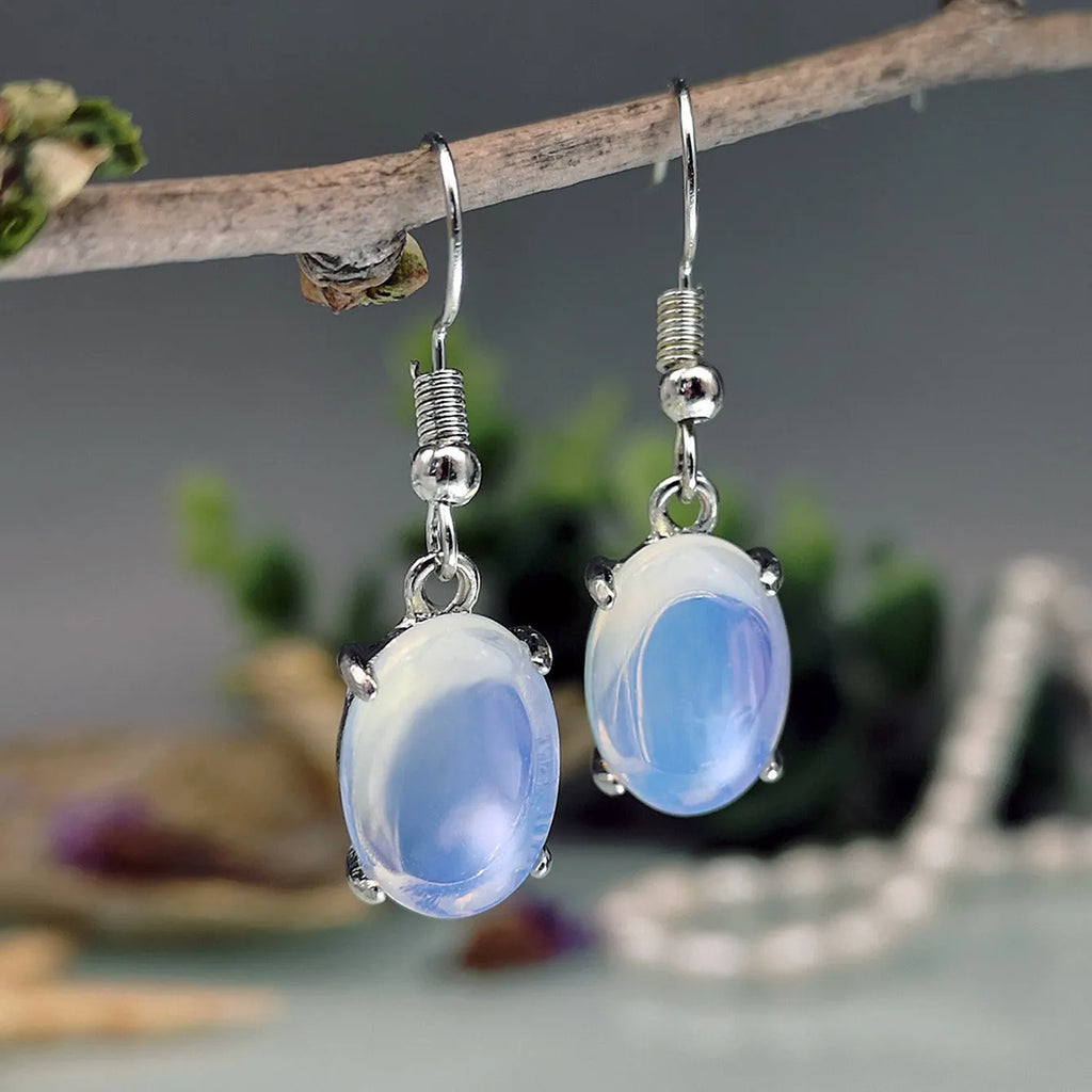 Opal earrings with cross pendant in moonlight white colour, retro moonstone style with drop shape