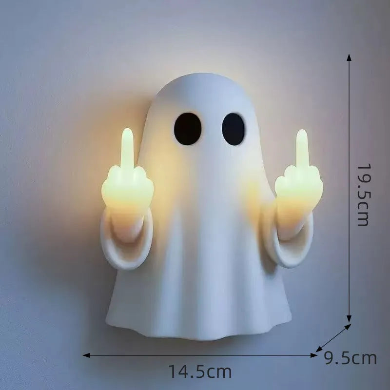 White plastic ghost statue night lamp with LED illumination for Halloween decor measuring 19.85cm tall