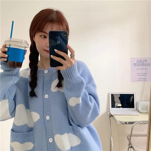 Blue cloud pattern women's spandex cardigan sweater with long sleeves