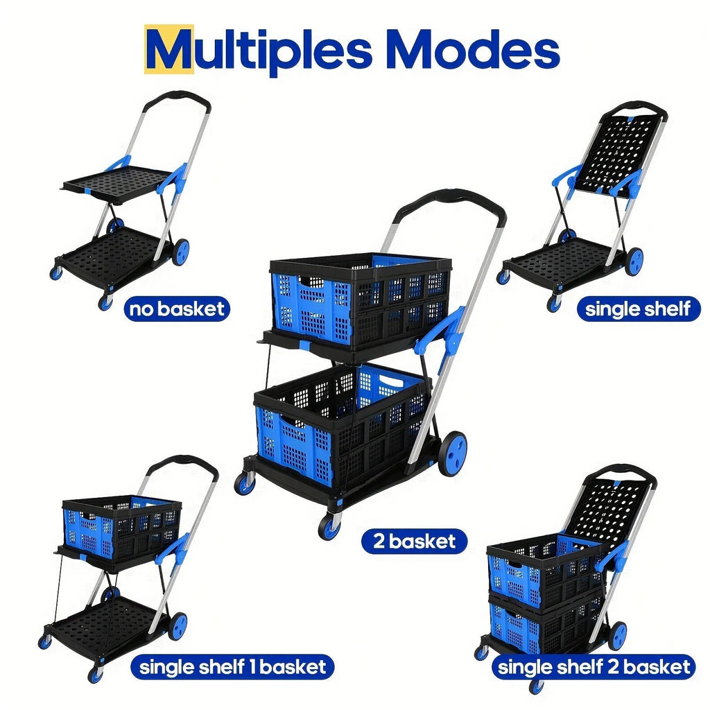 Foldable shopping cart with double baskets in choice of blue, purple, pink, or red colours