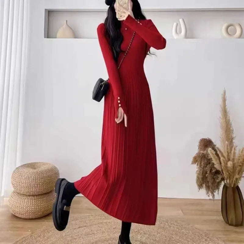 Women's mid-length high-waist A-line skirt in acrylic knitted fabric, shown in a solid colour.