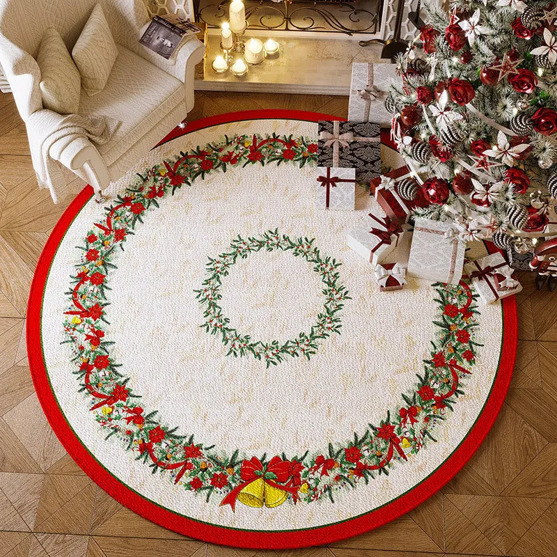 Round red Christmas festive carpet with non-slip backing on living room floor
