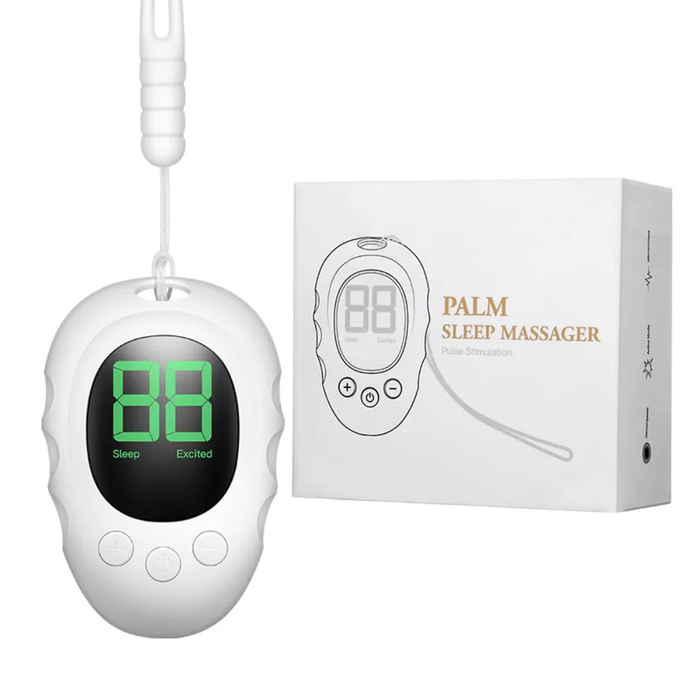 Rechargeable silicone sleep aid hand grip sleep monitor in white, black, or green colour with charging cable.