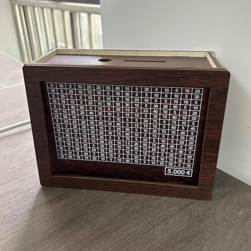 Digital wooden coin bank with LCD display in retro currency library design