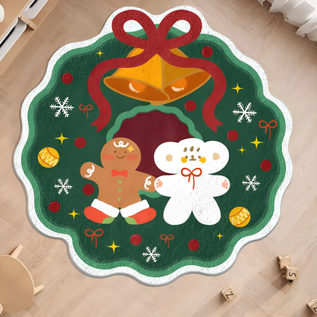 Round alien-shaped Christmas carpet in imitation cashmere, showing one of six festive colour designs.
