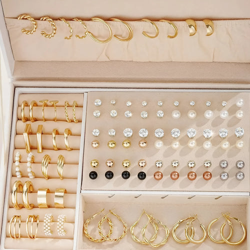 108 geometric pearl earrings assortment showing gold and yellow electroplated colours on alloy construction