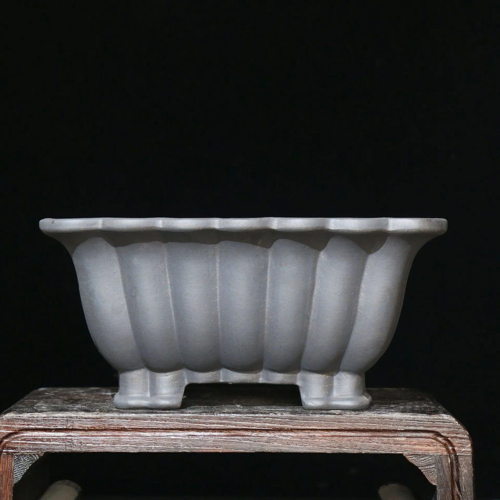 Square ceramic bonsai pot with purple sand glaze finish showing 37cm diameter measurement