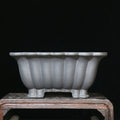 Square ceramic bonsai pot with purple sand glaze finish showing 37cm diameter measurement