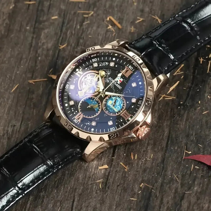 Men's automatic mechanical watch with hollow skeleton dial and rose gold shell casing
