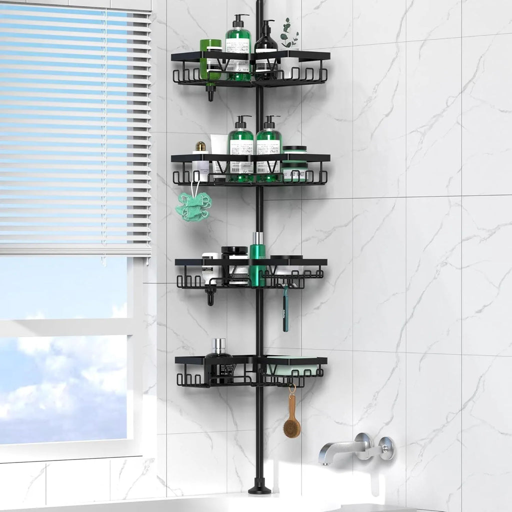 Four-layer retractable bathroom storage rack in stainless steel and iron construction