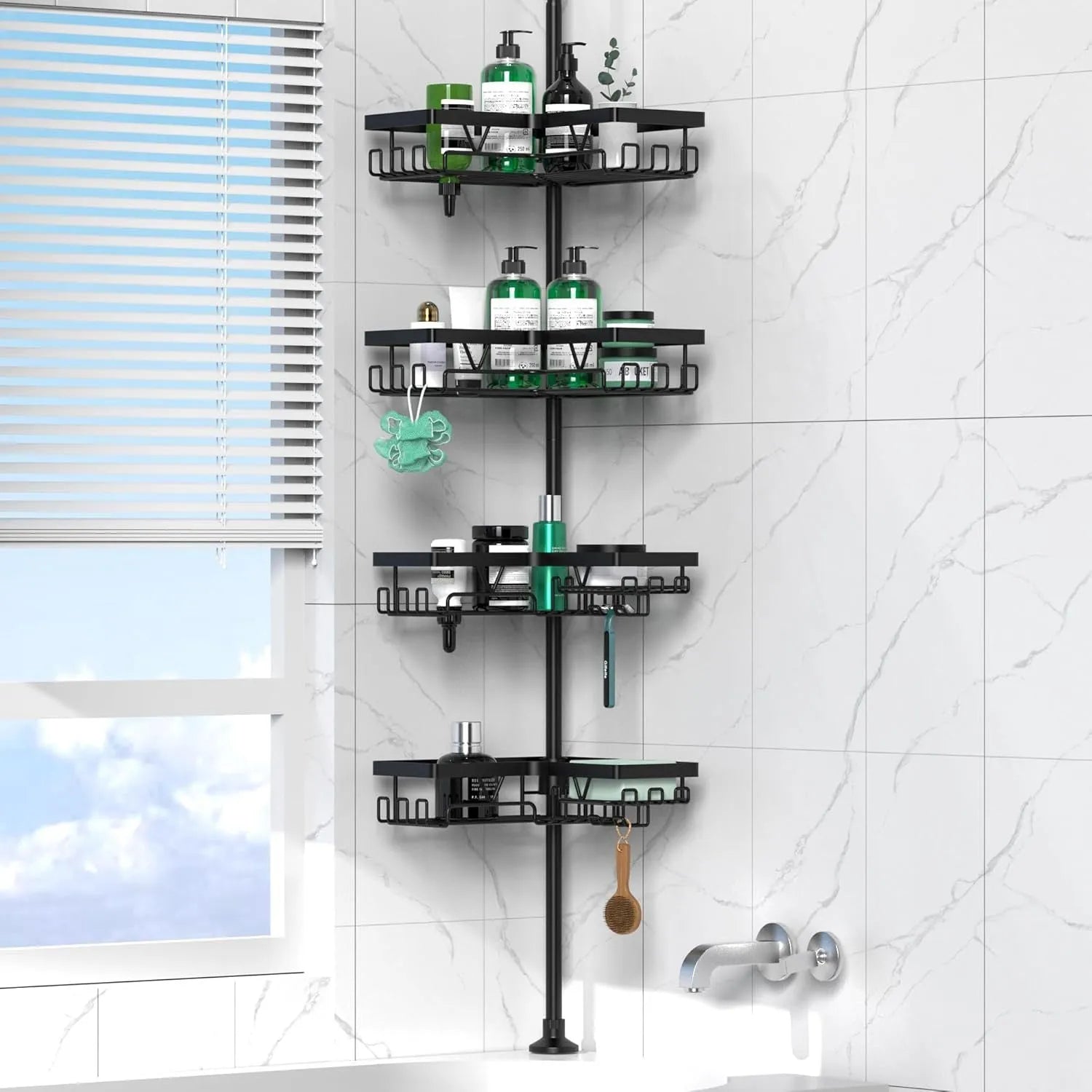 Four-layer retractable bathroom storage rack in stainless steel and iron construction