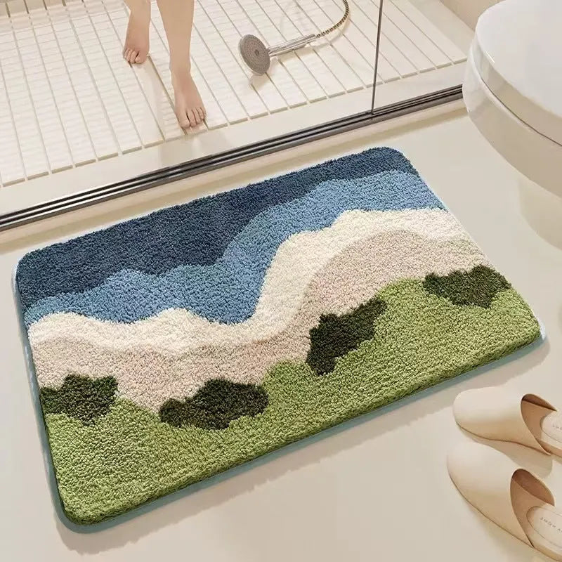 Square rainbow print carpet mat in Sky Sea colour with a plastic anti-slip bottom, shown in two sizes.