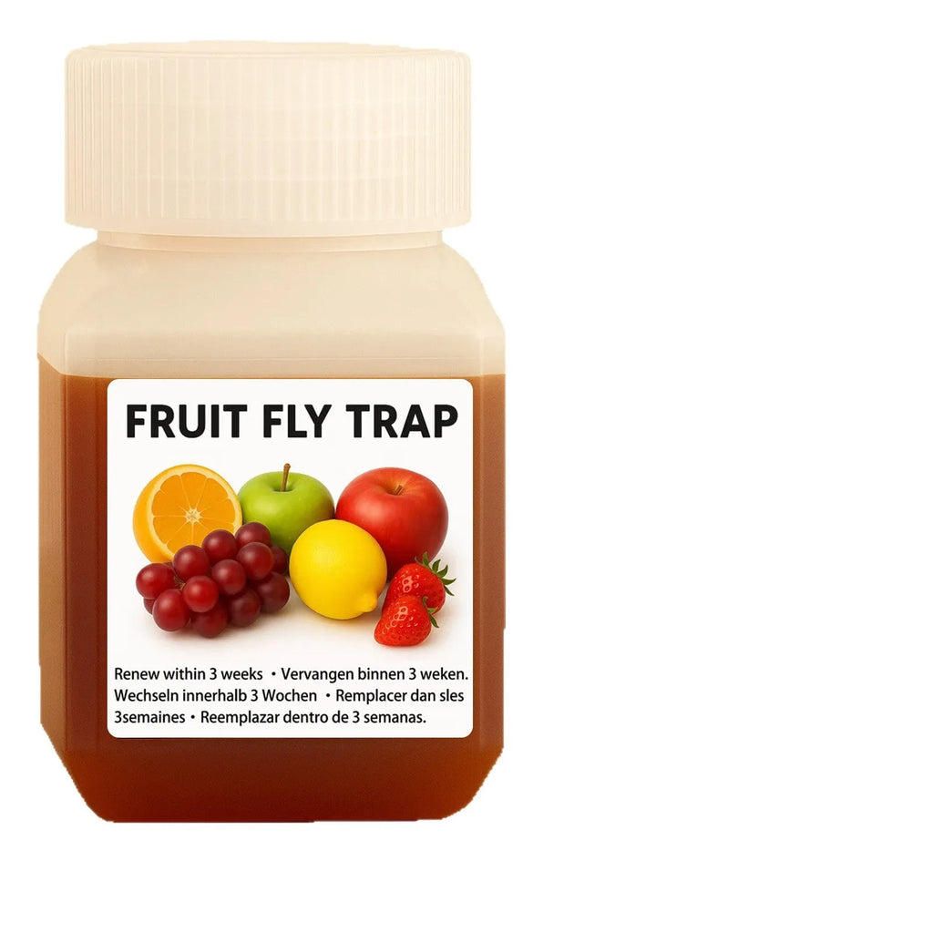 Bottle of fruit fly bait liquid with SK003 labeling, shown with funnel accessory option