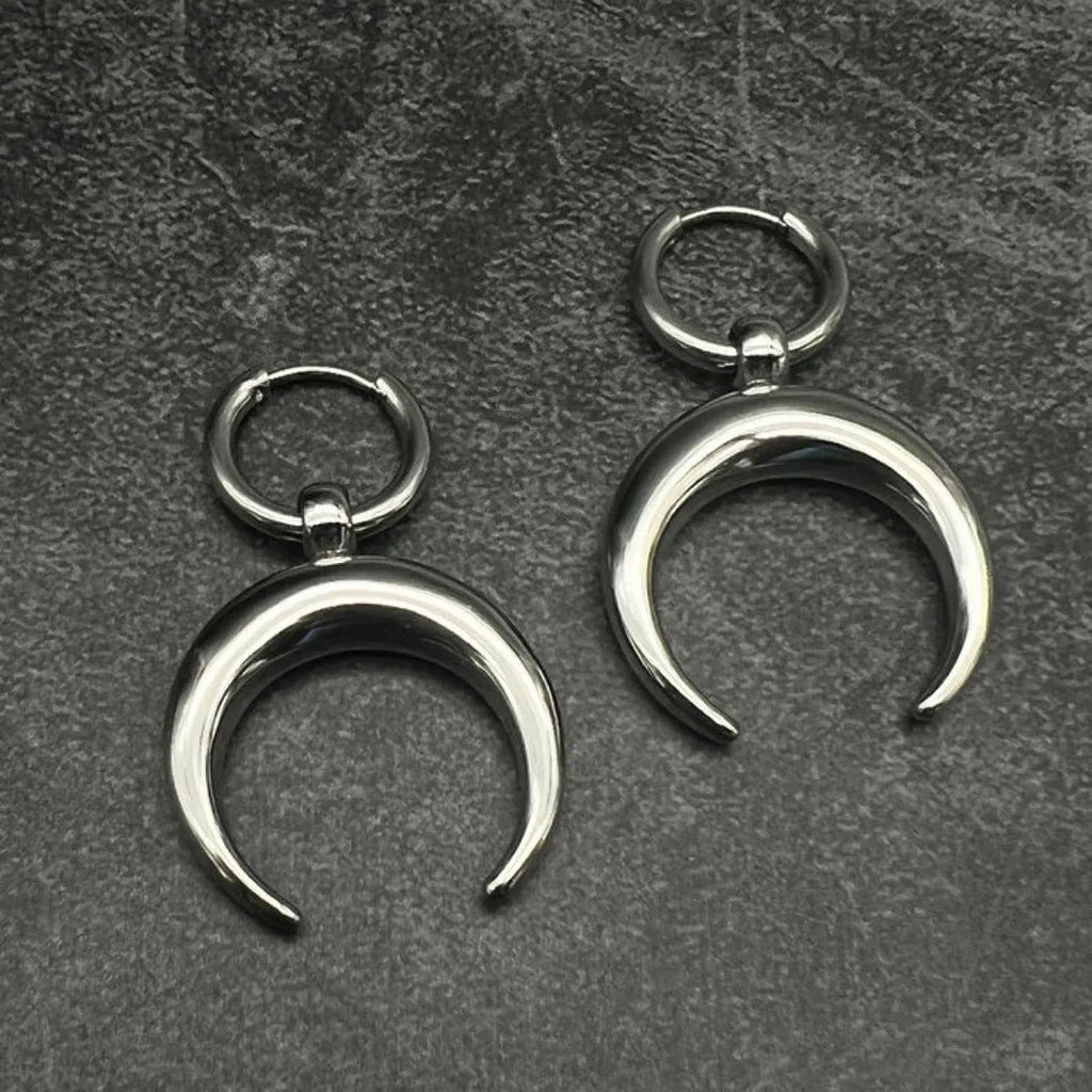 Silver geometric hoop earrings with vintage moon design and punk style