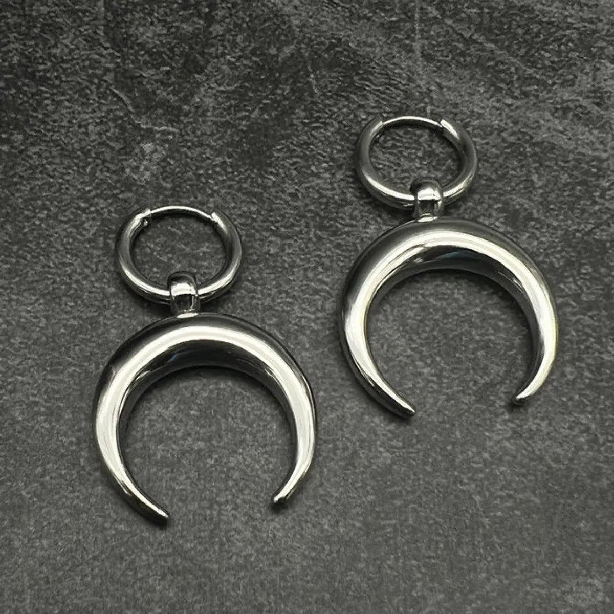 Silver geometric hoop earrings with vintage moon design and punk style