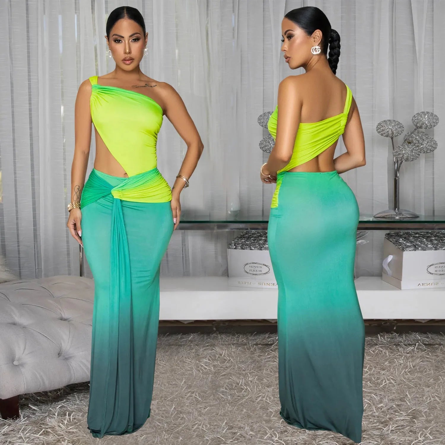 Women's gradient colour cross-shoulder sleeveless dress with high waist and long one-step skirt