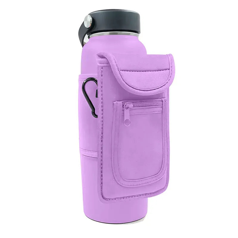 Cloth fitness cup sleeve for large bottles with magnetic or climbing carabiner fastening in various colours