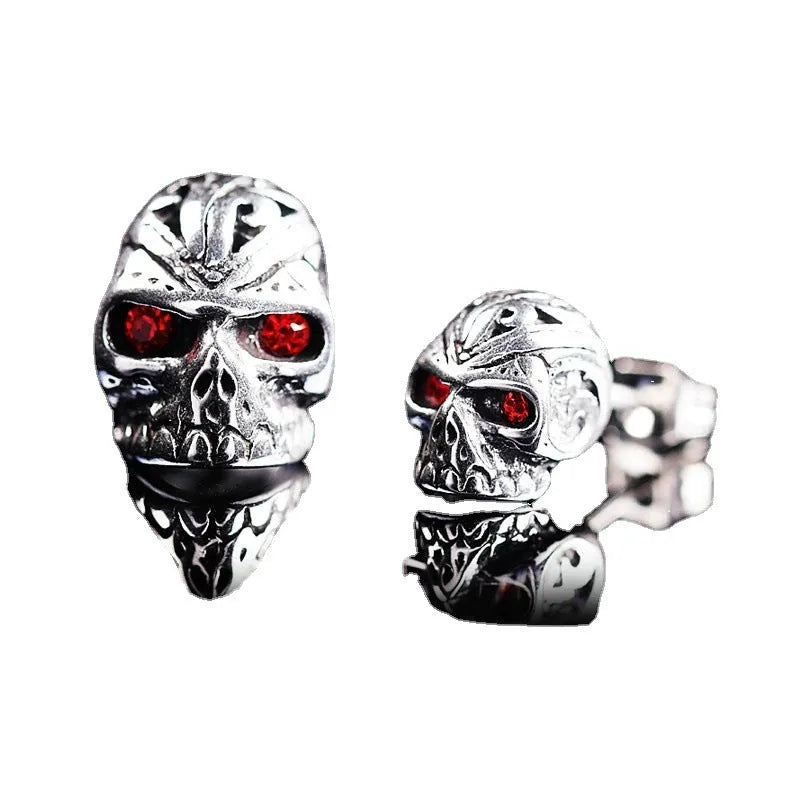Red eye ghost skull stud earrings with alloy construction and electroplated finish