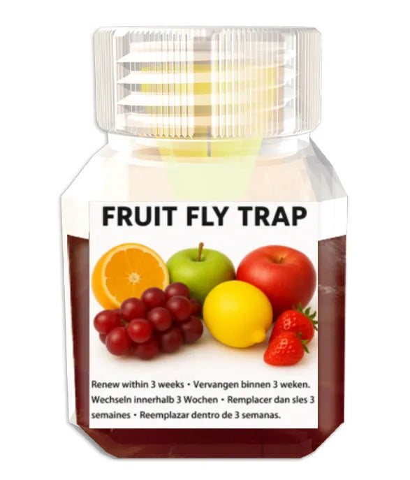 Bottle of fruit fly bait liquid with SK003 labeling, shown with funnel accessory option