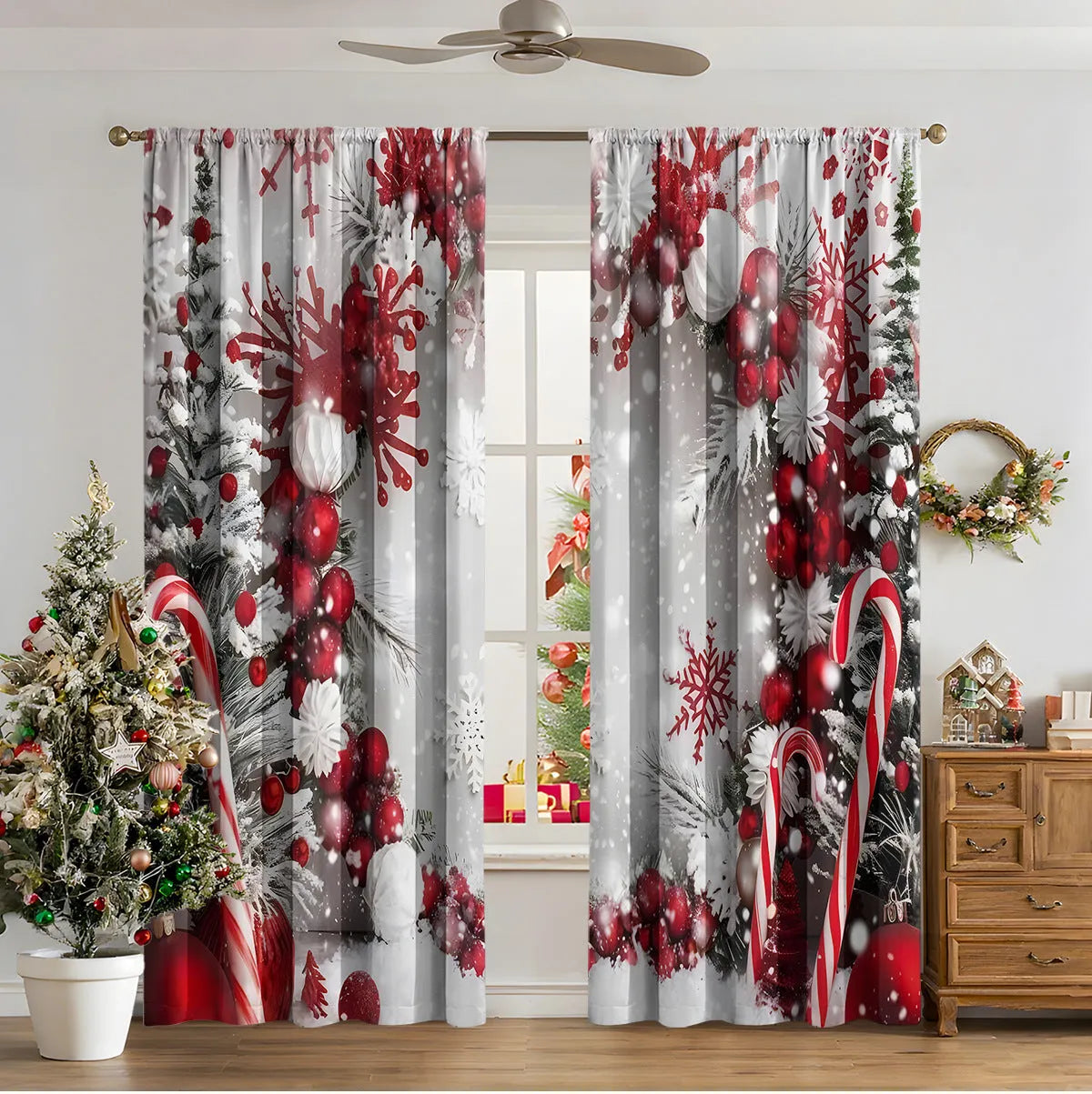 3D digitally printed Christmas curtains in polyester with festive patterns, showing high sunshade function